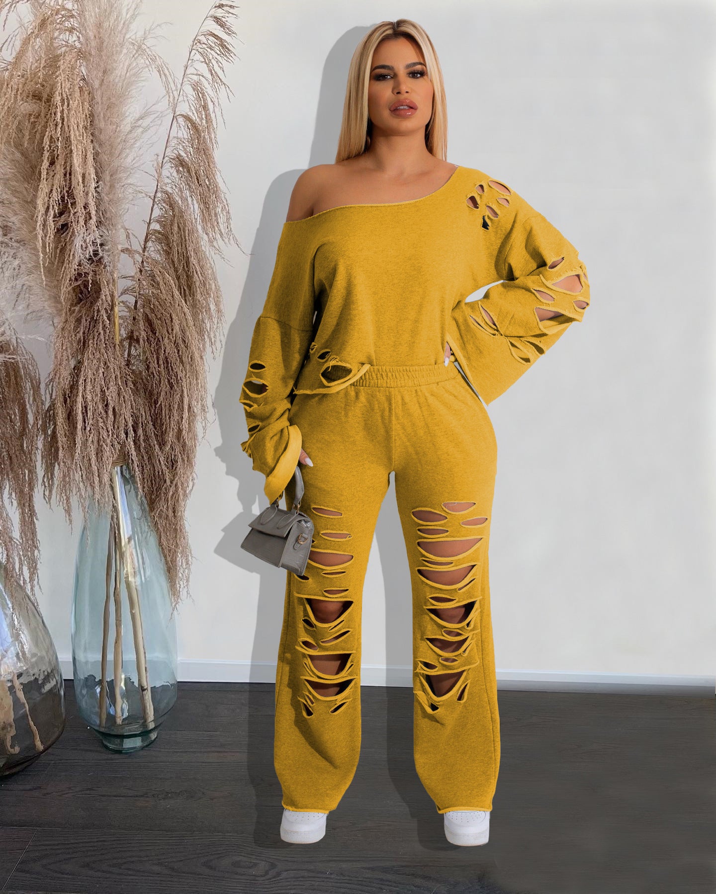 Women's Ripped Loose Sweater Two-piece Suit (Multiple Colors)