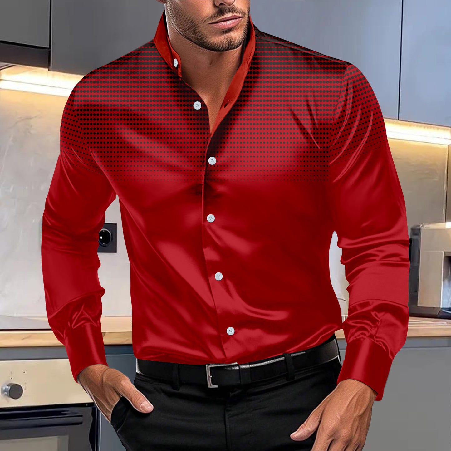 Ombre Four-sided Stretch Dotted Prints Stand Collar Long-sleeved Shirt (Multiple Colors)