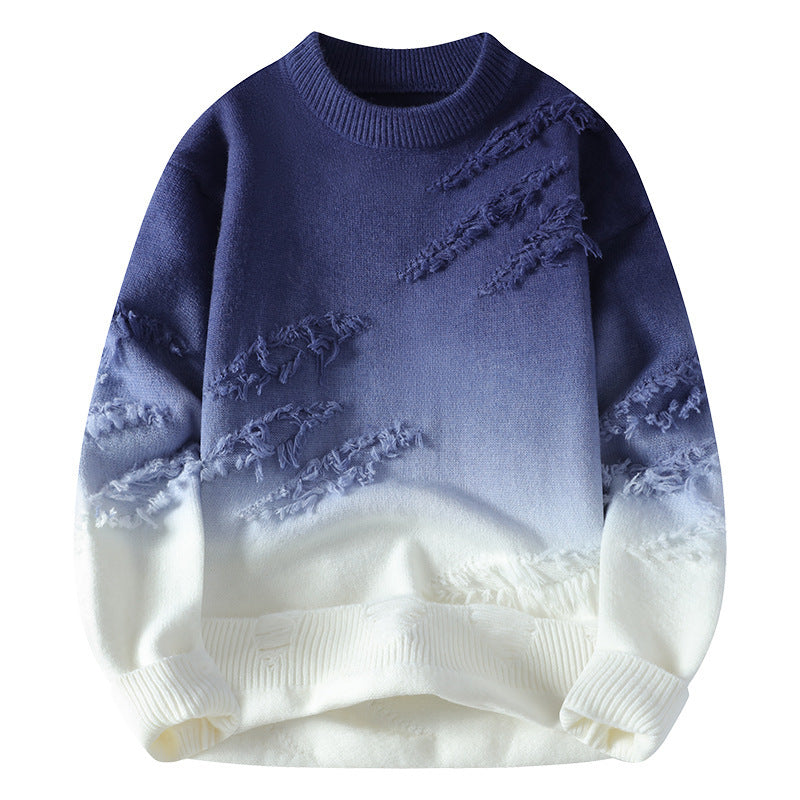 Mens Distressed Ombre Round Neck Pullover Sweater (Multiple Colors)