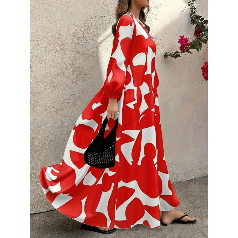 Elegant V-Neck Long-Sleeve Fashionable Floral Print Dress For Women (Multiple Colors)