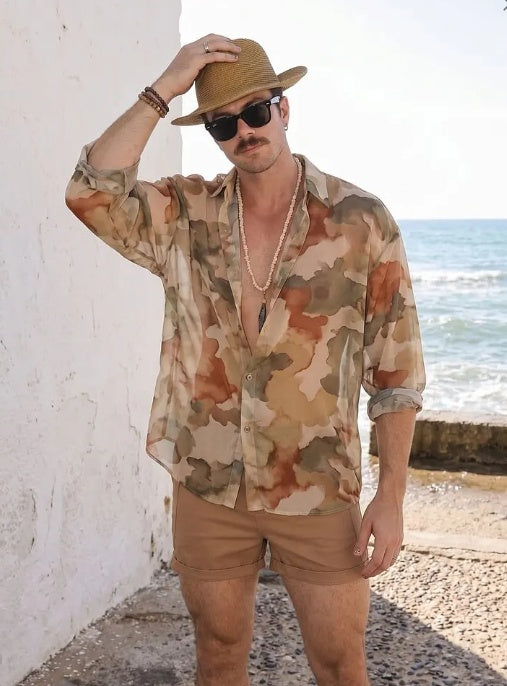 Watercolor Camouflage Print Sheer Oversized Shirt