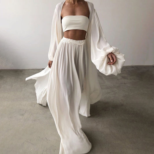 Elegant Women's Solid 3-Piece Set Lantern Sleeve Long Cardigan & Tube Top & Wide Leg Trousers With Drawstring Flowy Outfit