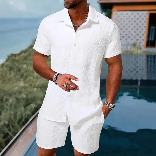 Summer Jacquard Solid Color Short Sleeve Button Down Shirt and Shorts Set (Multiple Colors)