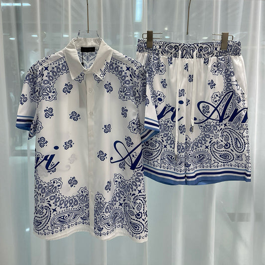 Men's Fashion Amir Casual Beach Shirt & Shorts Set (Navy/White)