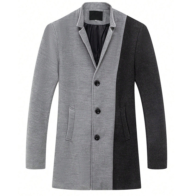 Mens Mid-length Color Matching Single-breasted Trench Coat Woolen Contrast Color