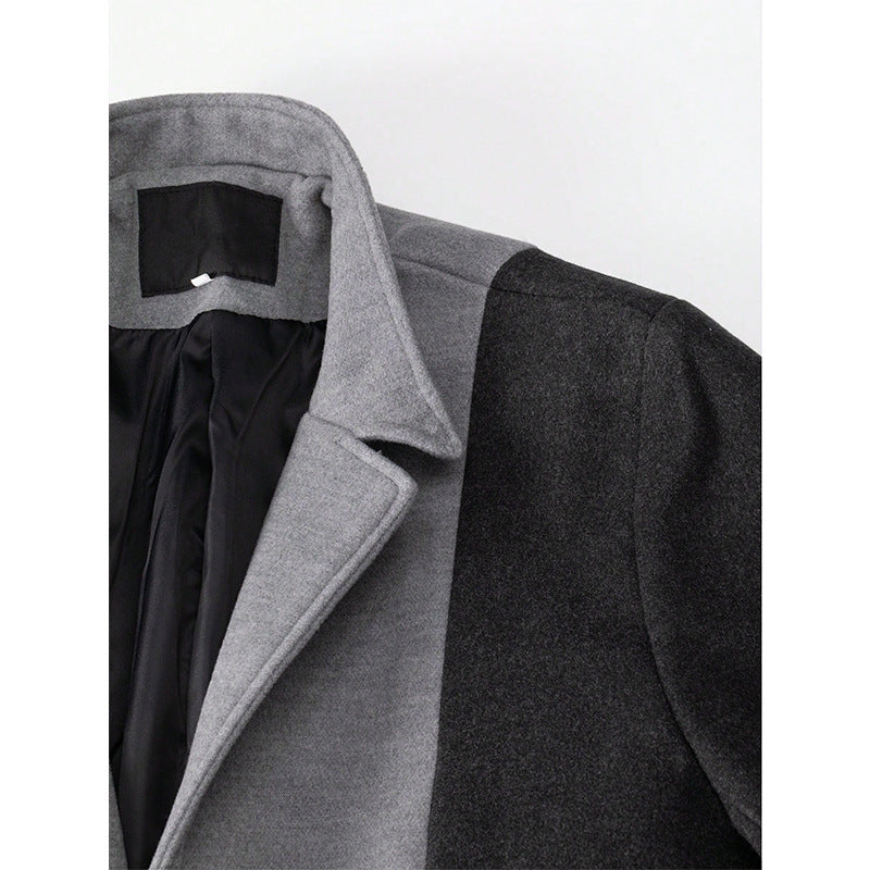 Mens Mid-length Color Matching Single-breasted Trench Coat Woolen Contrast Color
