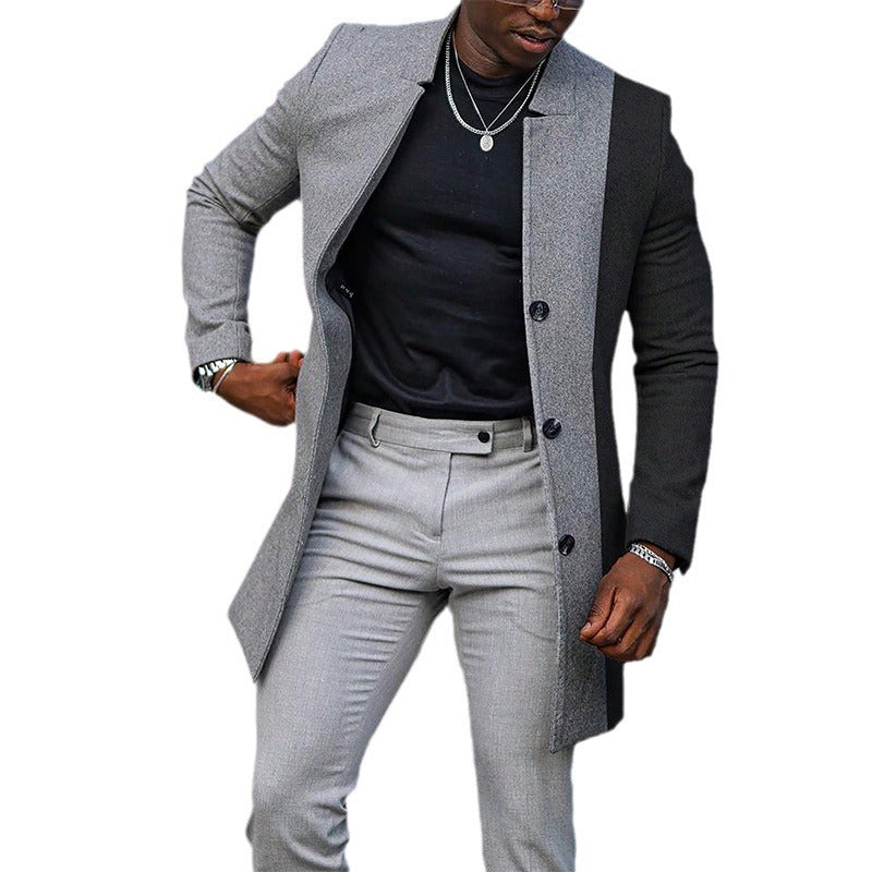 Mens Mid-length Color Matching Single-breasted Trench Coat Woolen Contrast Color