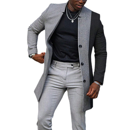 Mens Mid-length Color Matching Single-breasted Trench Coat Woolen Contrast Color