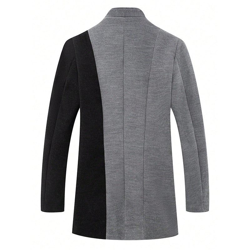 Mens Mid-length Color Matching Single-breasted Trench Coat Woolen Contrast Color