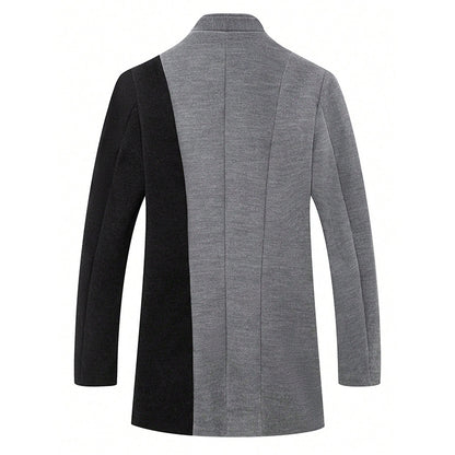 Mens Mid-length Color Matching Single-breasted Trench Coat Woolen Contrast Color