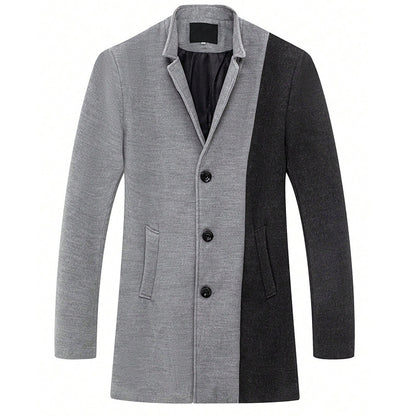 Mens Mid-length Color Matching Single-breasted Trench Coat Woolen Contrast Color