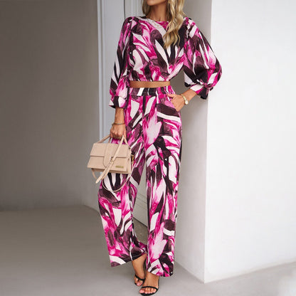 Abstract Print Long Sleeve Crop Top & High Waisted Pant Set (Multiple Colors)