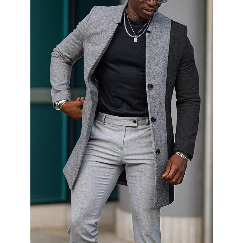 Mens Mid-length Color Matching Single-breasted Trench Coat Woolen Contrast Color