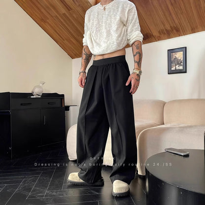 Mens Contrast Color Elastic Waist Pleated Wide-leg Relaxed Pants (Multiple Colors)