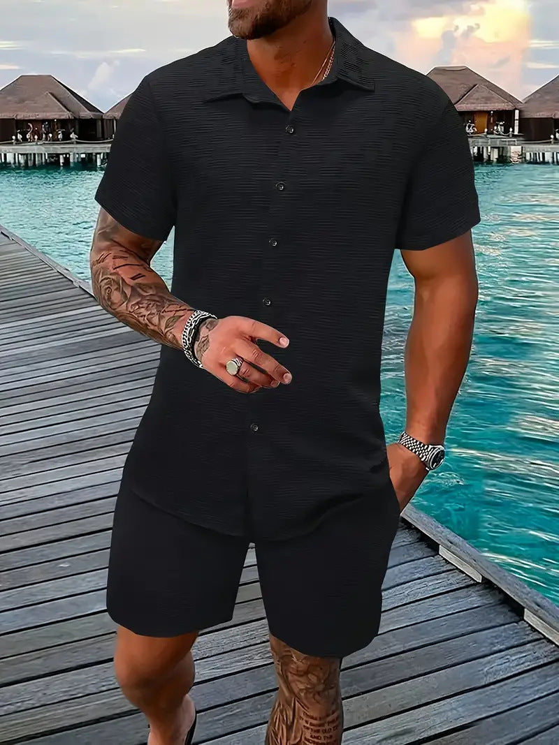 Summer Jacquard Solid Color Short Sleeve Button Down Shirt and Shorts Set (Multiple Colors)