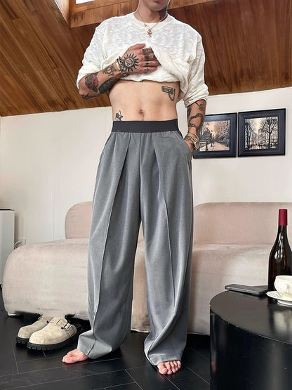 Mens Contrast Color Elastic Waist Pleated Wide-leg Relaxed Pants (Multiple Colors)