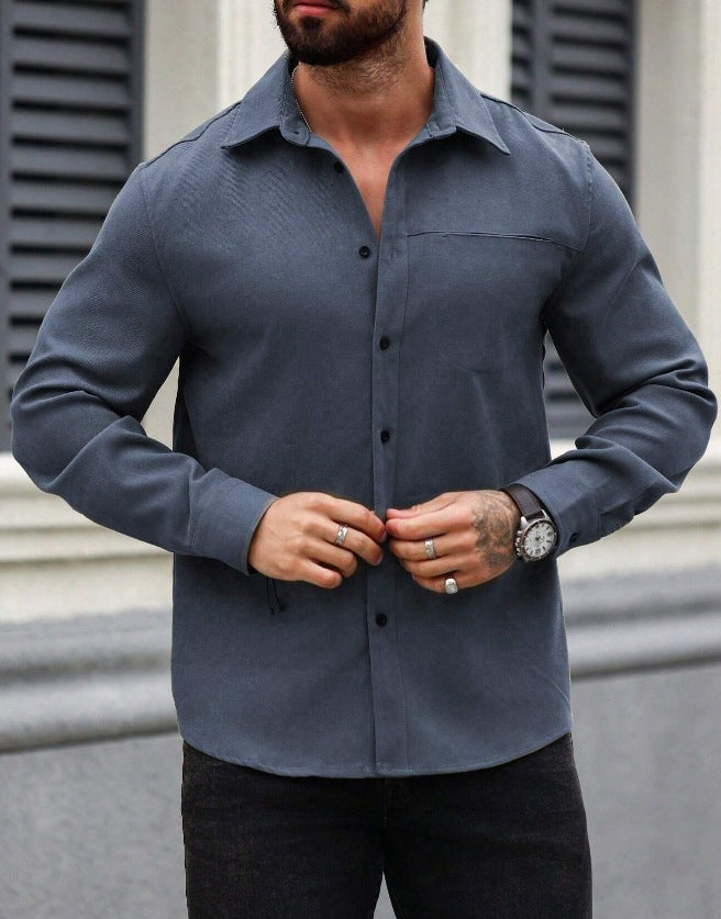Men's Solid Color Pocket Shirt Long Sleeve Shirt