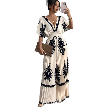 Casual Printed Loose Pleated Elegant Bohemian Short-sleeved Jumpsuit (Multiple Colors)