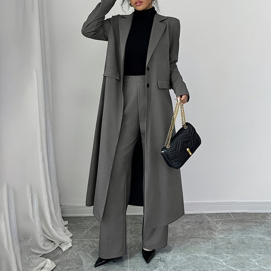 Women's 2 Piece Suit Set, Long Blazer Jacket And Straight Leg Pants (Grey)