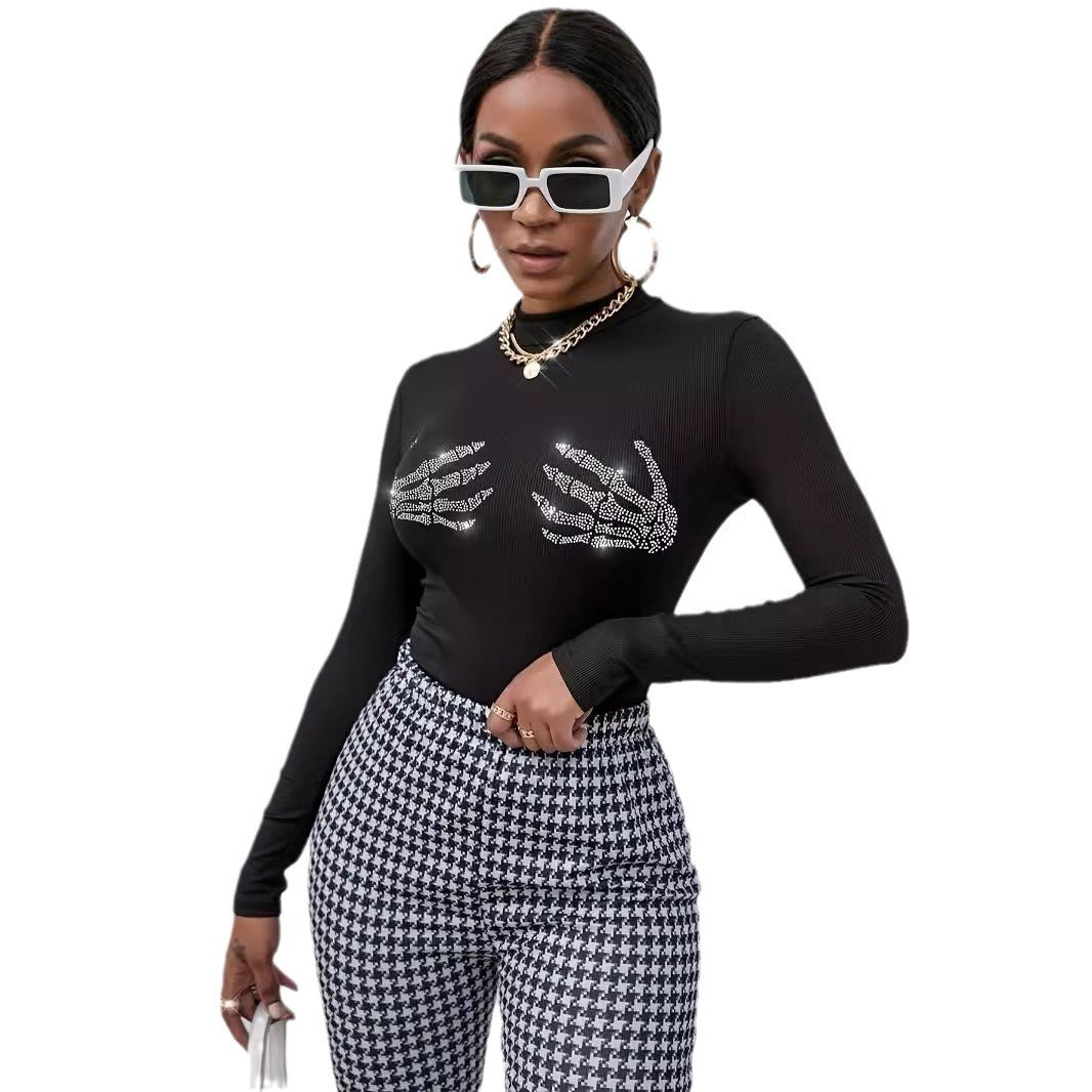 Rib Knitted Skull Rhinestone Top (Black)