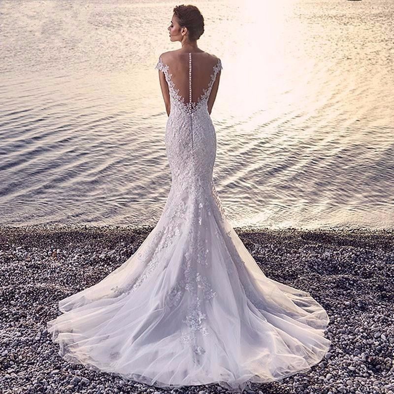 Princess Bride Mermaid Wedding Dress White Backless Lace Wedding Dress