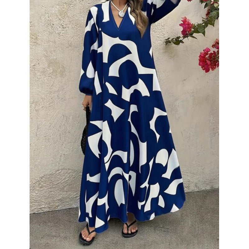Elegant V-Neck Long-Sleeve Fashionable Floral Print Dress For Women (Multiple Colors)