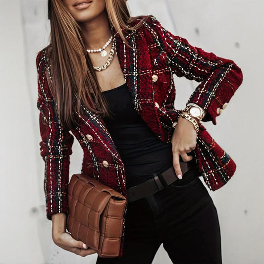 Women's Elegant Checkered Long Sleeve Blazer - Double-Breasted Printed Jacket (Multiple Colors)