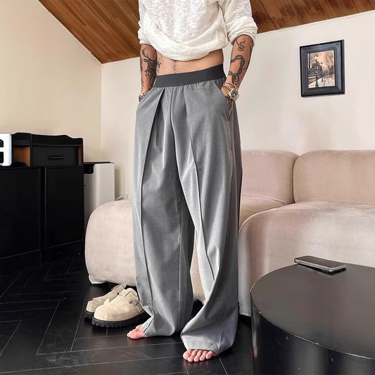 Mens Contrast Color Elastic Waist Pleated Wide-leg Relaxed Pants (Multiple Colors)