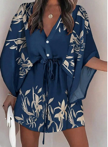 Women's Printed Batwing Sleeve Dress With Botanical Design