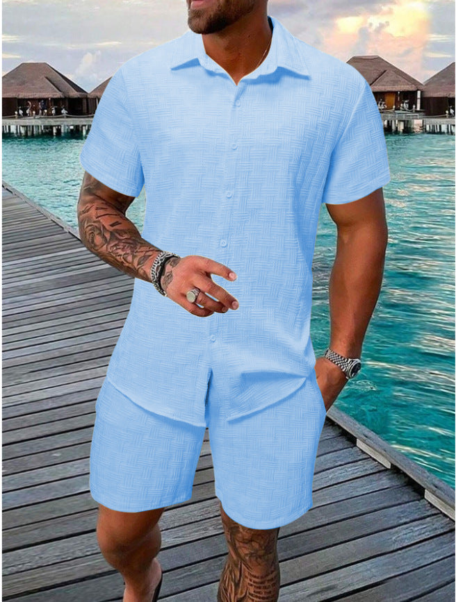 Summer Jacquard Solid Color Short Sleeve Button Down Shirt and Shorts Set (Multiple Colors)
