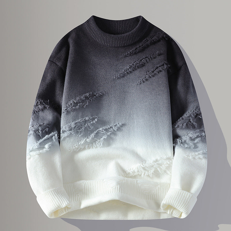 Mens Distressed Ombre Round Neck Pullover Sweater (Multiple Colors)