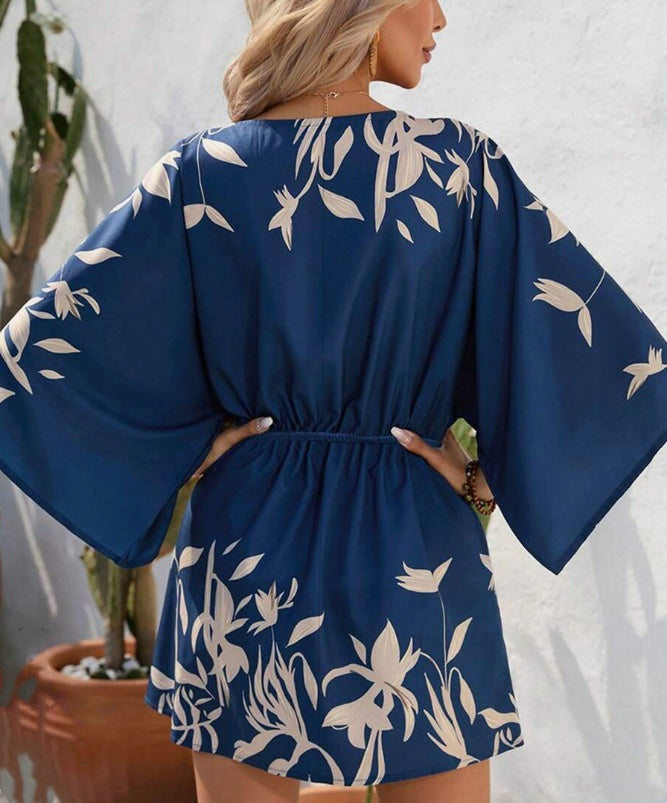 Women's Printed Batwing Sleeve Dress With Botanical Design