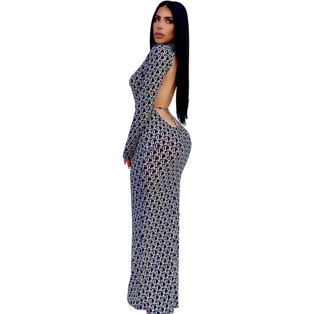Mesh Modern Print High Neck Backless Long Bodycon Dress (Black/White)