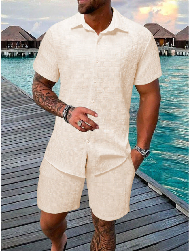 Summer Jacquard Solid Color Short Sleeve Button Down Shirt and Shorts Set (Multiple Colors)