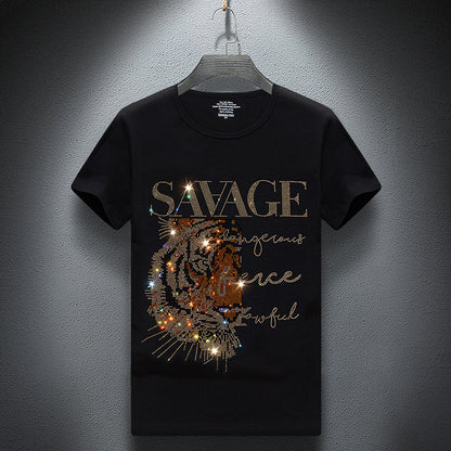 Savage Round Neck Rhinestone Lion Short Sleeve T-shirt (Multiple Colors)