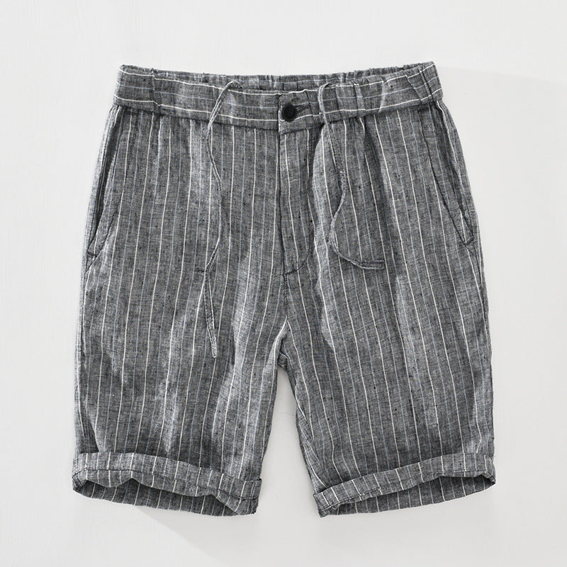 Men's Striped Straight Linen Drawstring Leisure Shorts (Multiple Colors)