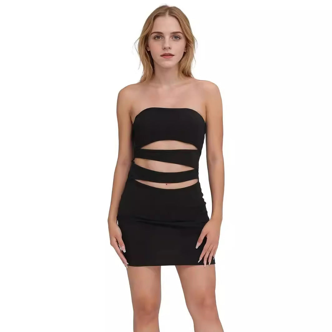Solid Color Sleeveless Cold-Shoulder Tube Top Cut-Out Women's Dress (Multiple Colors)