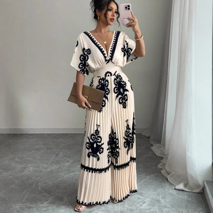 Casual Printed Loose Pleated Elegant Bohemian Short-sleeved Jumpsuit (Multiple Colors)