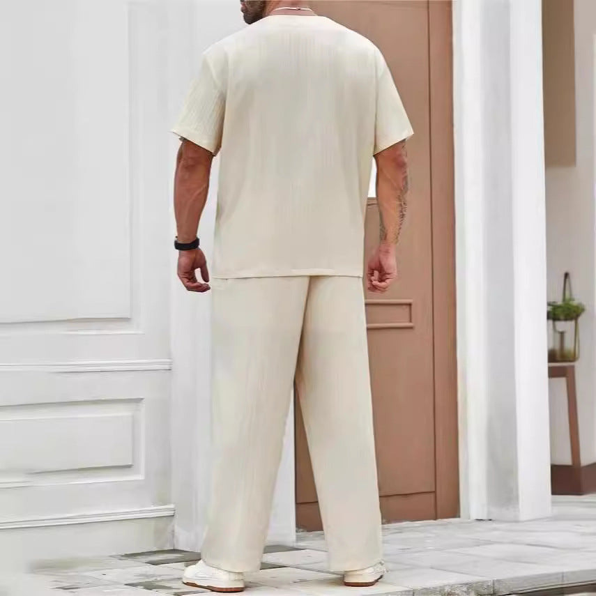 Men's Kimono Style Casual Solid Color Short-sleeved Shirt & Trousers Travel Set Loungewear