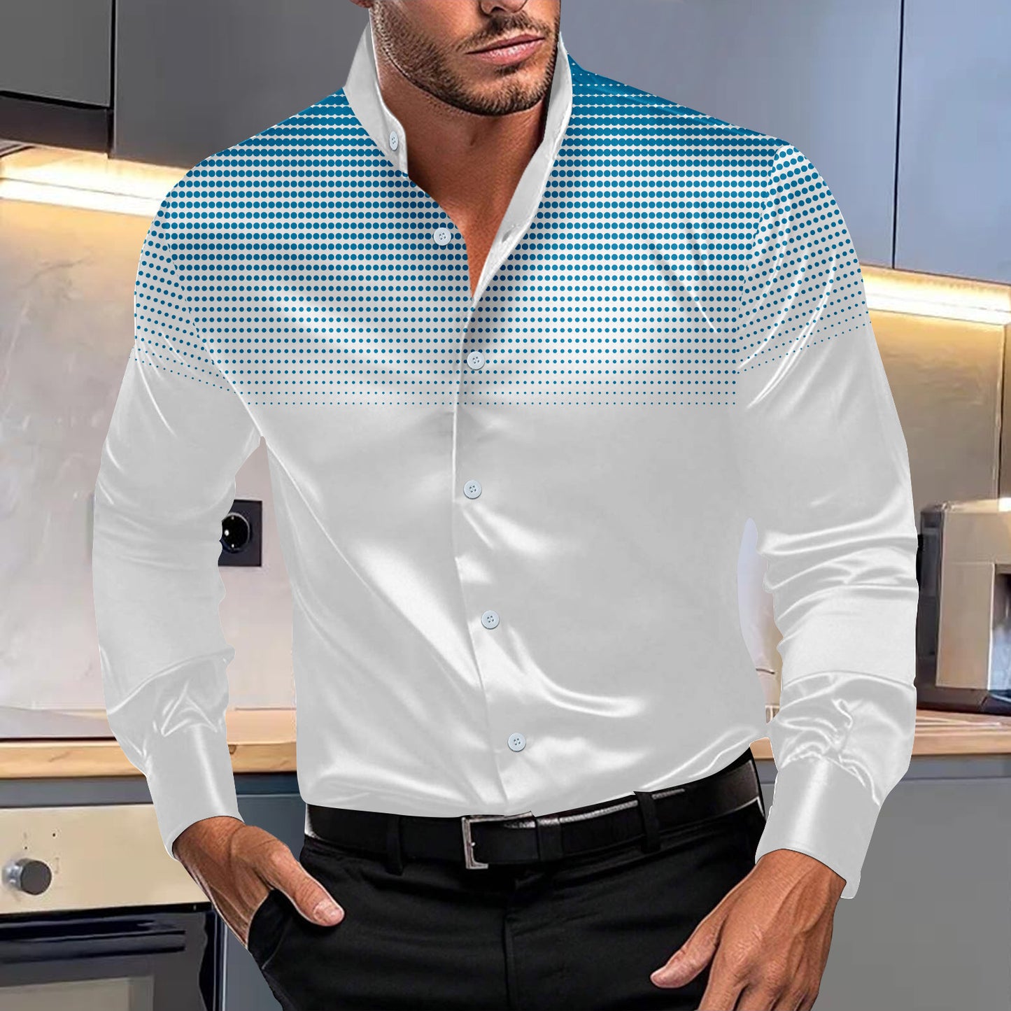 Ombre Four-sided Stretch Dotted Prints Stand Collar Long-sleeved Shirt (Multiple Colors)