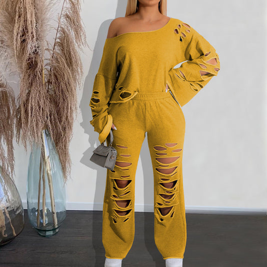 Women's Ripped Loose Sweater Two-piece Suit (Multiple Colors)