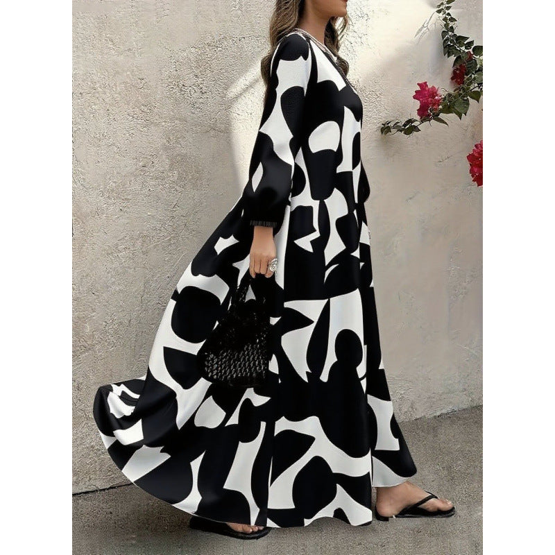 Elegant V-Neck Long-Sleeve Fashionable Floral Print Dress For Women (Multiple Colors)