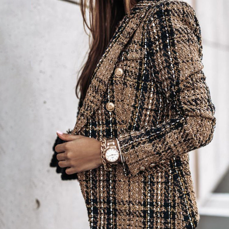 Women's Elegant Checkered Long Sleeve Blazer - Double-Breasted Printed Jacket (Multiple Colors)