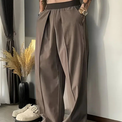 Mens Contrast Color Elastic Waist Pleated Wide-leg Relaxed Pants (Multiple Colors)