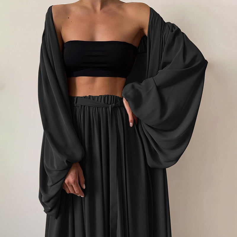 Elegant Women's Solid 3-Piece Set Lantern Sleeve Long Cardigan & Tube Top & Wide Leg Trousers With Drawstring Flowy Outfit