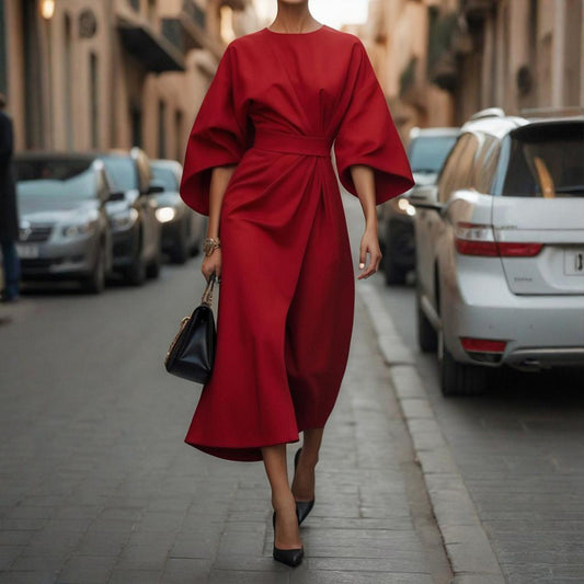 Plus Size Women's Elegant Solid Color Round Neck Mid-Sleeve Maxi Dress Waist-Defining Pleated Design For Office, Party, Wedding Guest (Multiple Colors)