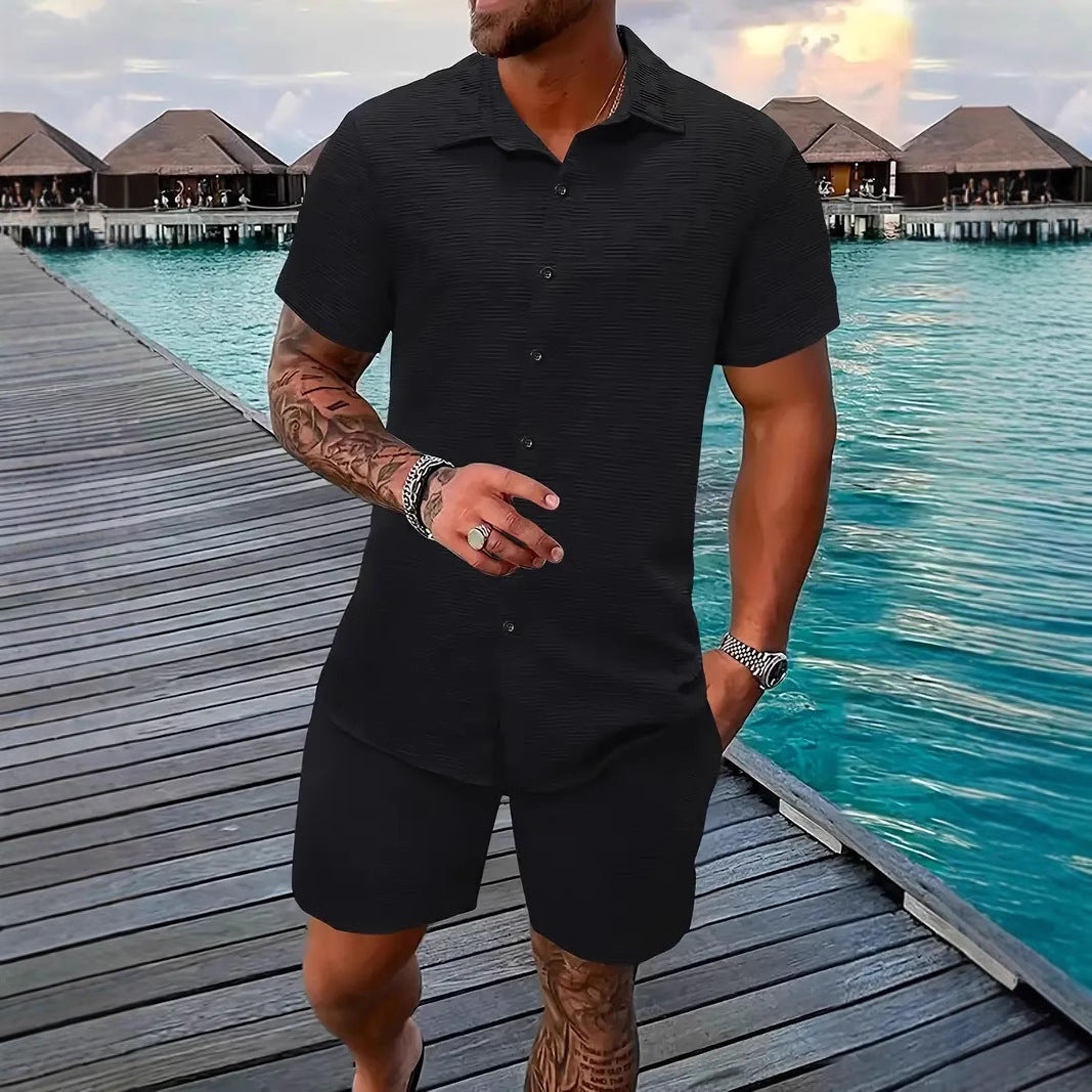 Summer Jacquard Solid Color Short Sleeve Button Down Shirt and Shorts Set (Multiple Colors)