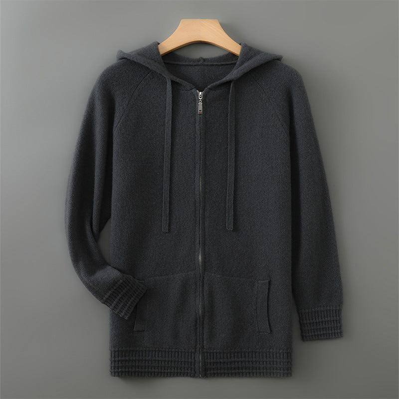 Luxury Mens Australian Merino Wool Zip Hoodie w/ Sleeve and Bottom Detailing (Multiple Colors)