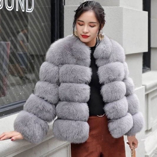 Vegan Fox Fur Slimming Stand Collar Splicing Coat (Multiple Colors)