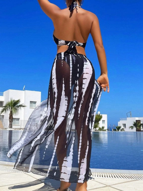 3-Piece Bikini & Cover Up Set (Black & White)